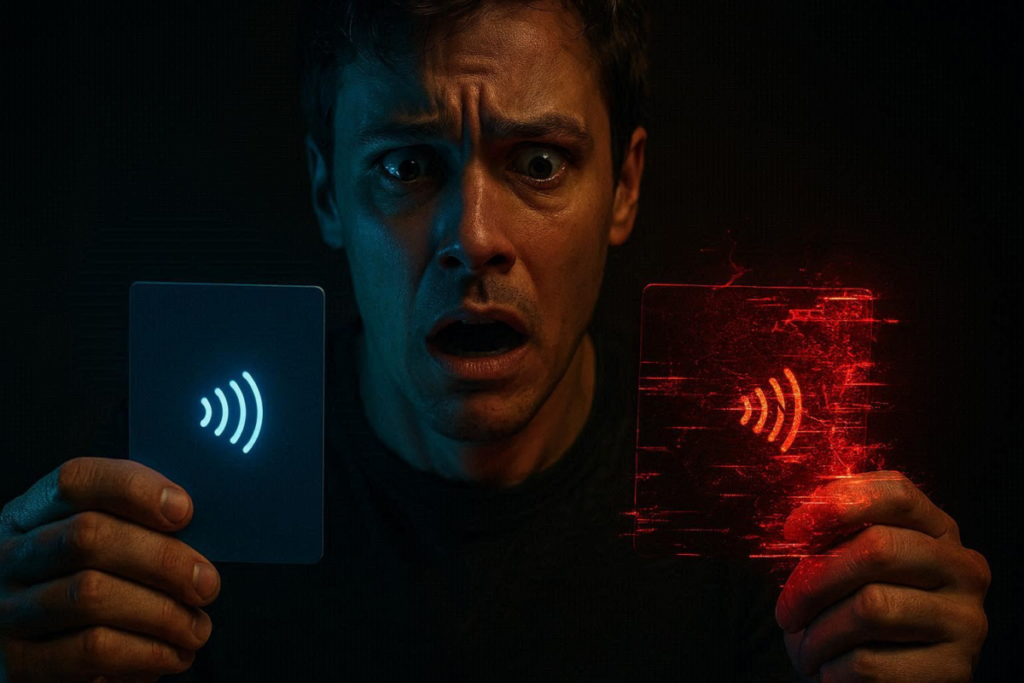 Shocking realization holding real and fake NFC cards—dangerous red glitch aura exposing hidden counterfeit threat and emotional disbelief