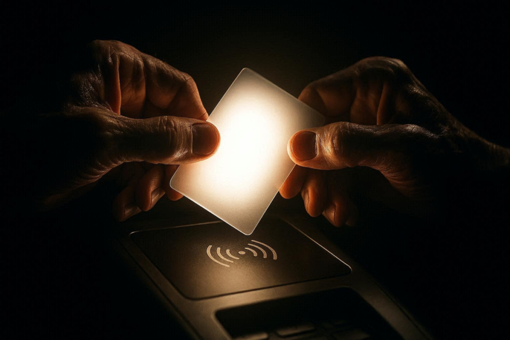 Critical tap moment—hands trembling with anticipation as a glowing card approaches the NFC reader, cinematic tension, heartbeat-level suspense, instant activation and control about to explode