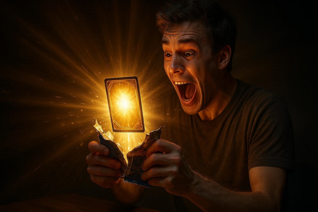 Rare card bursting from opened pack in blinding golden explosion—ultimate jackpot shock, uncontrollable excitement, and once-in-a-lifetime collector triumph