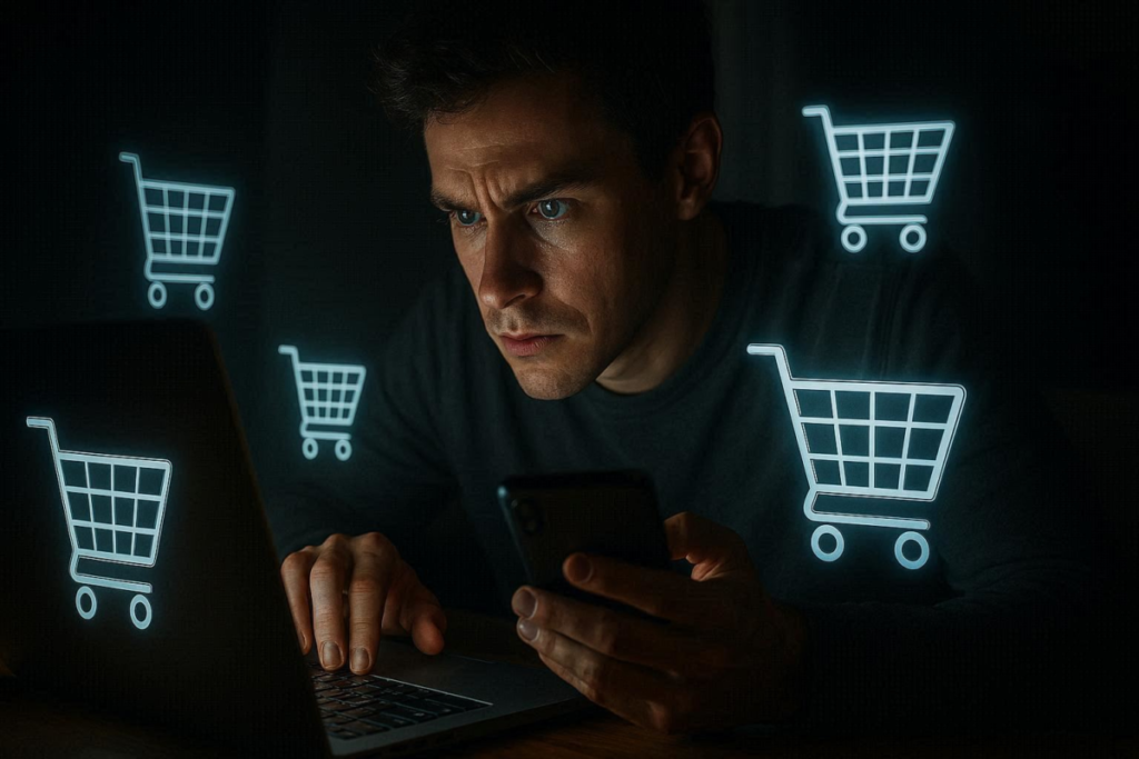 Intense late-night deal hunt—gamer locked onto laptop and phone, glowing cart icons surrounding him, urgency, obsession, fear of missing the last chance