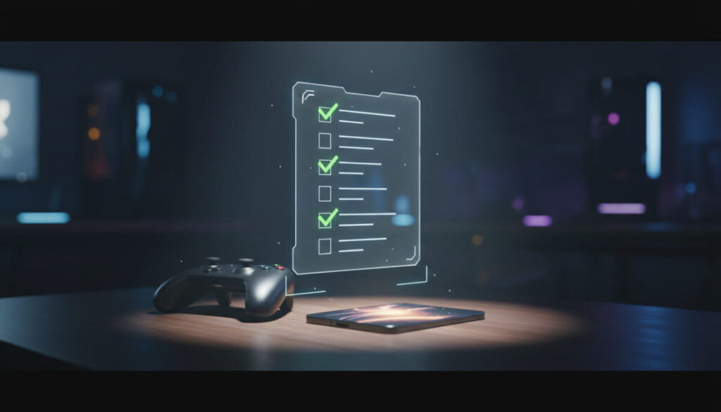 Floating checklist activating with glowing green confirmations above gaming setup—certainty replacing anxiety, emotional clarity, perfect preparation before securing the ultimate deal