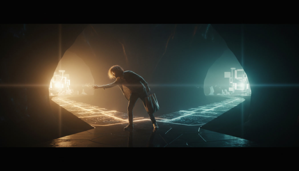 Lone buyer standing at glowing crossroads between dark and radiant purchase paths—high-stakes decision tension, fear of regret, and destiny-defining choice