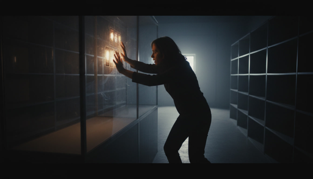 Desperate hand reaching toward glowing cards behind glass—aching desire, forbidden treasure within reach, emotional tension, obsession-fueled pursuit, the moment before everything changes