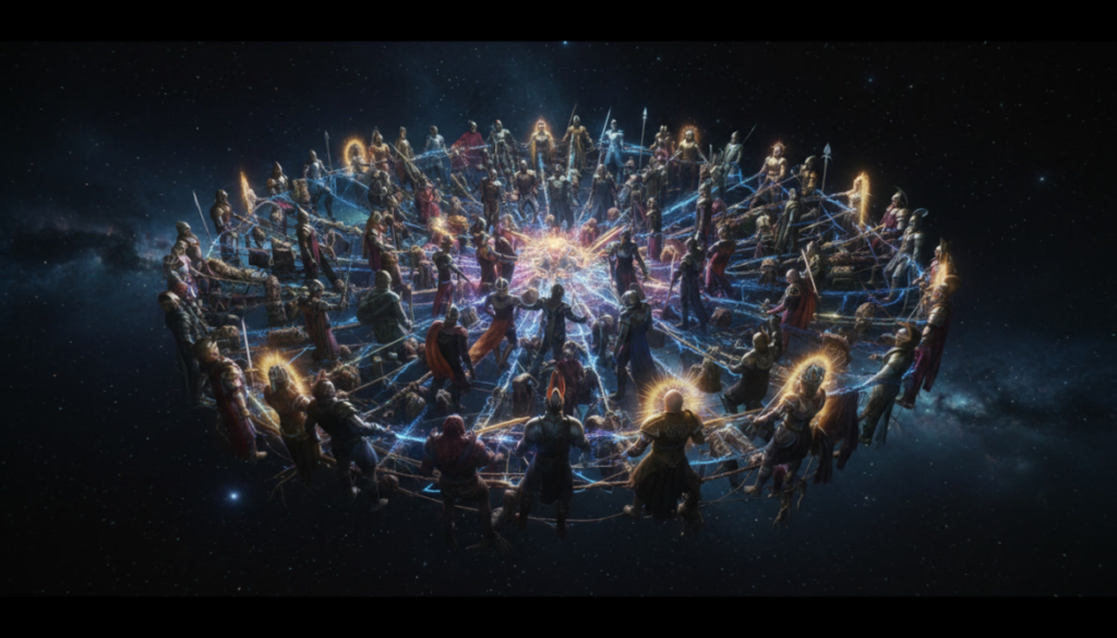 Massive cosmic circle of gods, warriors, and rulers bound by glowing fate threads—overwhelming revelation, divine conspiracy exposed, emotional scale of an entire world’s hidden truth
