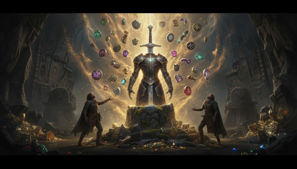 Legendary sword and radiant armor suspended in golden light inside an ancient cavern—mythic power awakening, sacred relics pulsing with forbidden energy and triumphant revelation