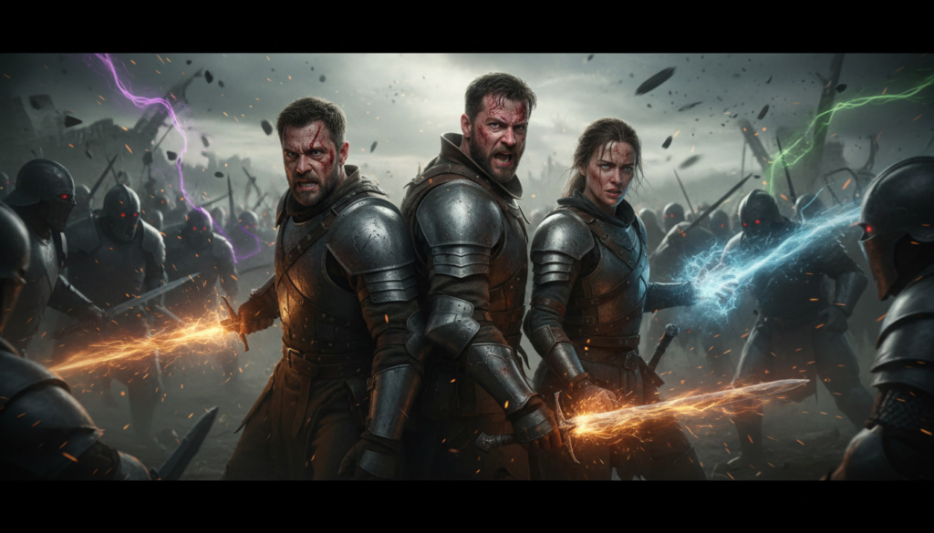 Three exhausted warriors standing back-to-back surrounded by endless enemies—final resistance moment, trust forged in chaos, emotional breaking point before victory or annihilation
