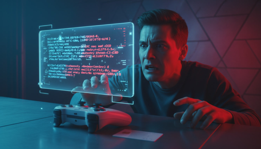 Intense panic facing mysterious NFC system error—glowing code interface and frozen controller revealing critical connection breakdown crisis