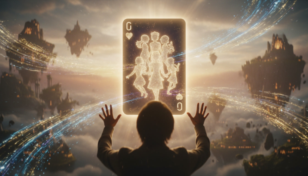 Destiny reunion scene—player reaching toward a radiant character card floating in a dreamlike sky, emotional longing, overwhelming wonder, magnetic pull of summoning and infinite connection