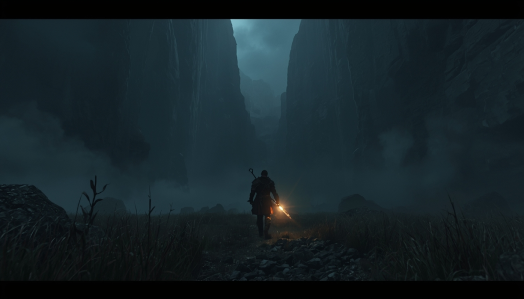 Lonely warrior walking into an abyssal canyon with faint glowing weapon—uncertainty, isolation, and fragile determination before the final unknown destiny ahead