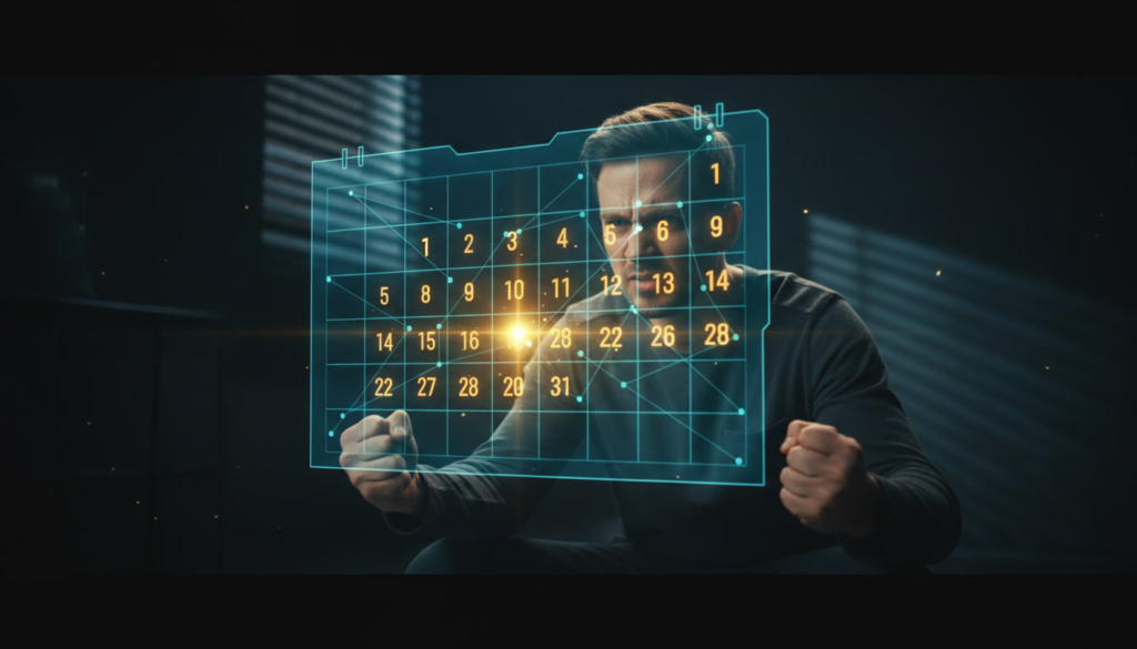 Focused gamer confronting a glowing futuristic calendar—decisive timing, strategic tension, waiting for the perfect buy moment, destiny-level decision energy