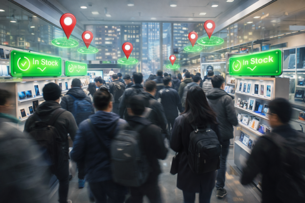 Crowded electronics store with glowing “in stock” signs and map pins hovering above—real-world buying rush, urgency, fear-of-missing-out, boots-on-the-ground hunt vibes
