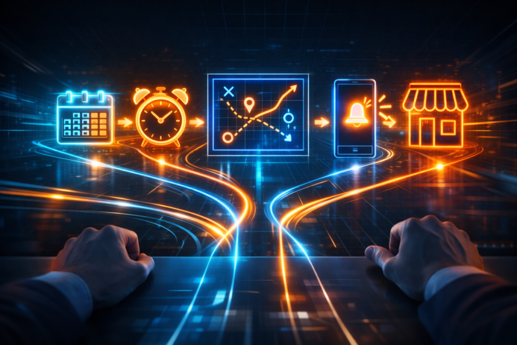 Neon decision roadmap with calendar, alarm, route map, alerts, and store icons—tactical clarity, winner’s mindset, perfectly timed buying strategy in motion
