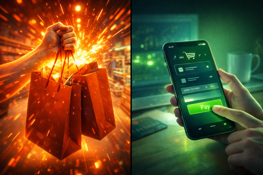 Split-second choice between in-store shopping bags and mobile checkout screen—instant gratification versus calm precision, high-stakes purchase tension
