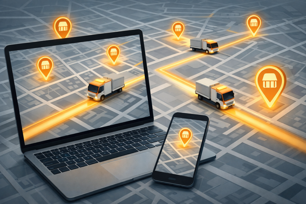 Laptop and smartphone tracking delivery trucks across a glowing city map—real-time store hunting, fastest route to purchase, availability chase, high-speed buying mission