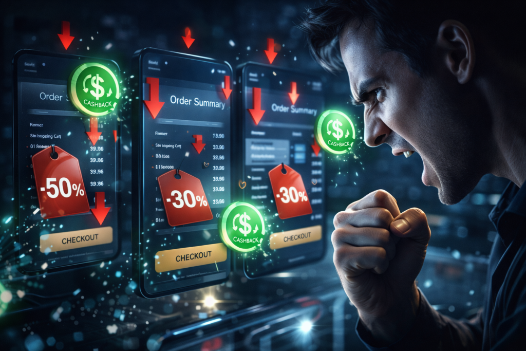 Checkout screens clash with -50% and cashback icons as a buyer clenches their fist—price-drop adrenaline, deal-hunting rage, victory-or-regret tension in a digital shopping war