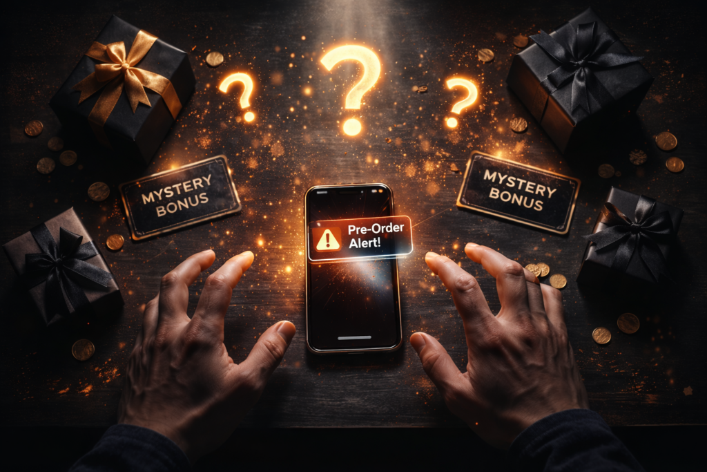 Hands reaching for a glowing preorder alert surrounded by mystery gift boxes and blazing question marks—bonus anxiety, FOMO pressure, heartbeat-speed anticipation, preorder chaos energy
