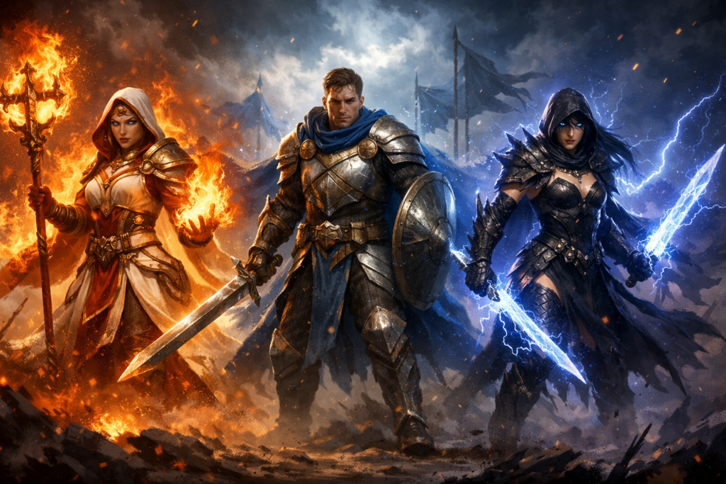 Three heroic warriors charging forward—fire priestess, shielded knight, lightning assassin—ultimate team synergy, adrenaline-soaked battlefield, legendary co-op dominance
