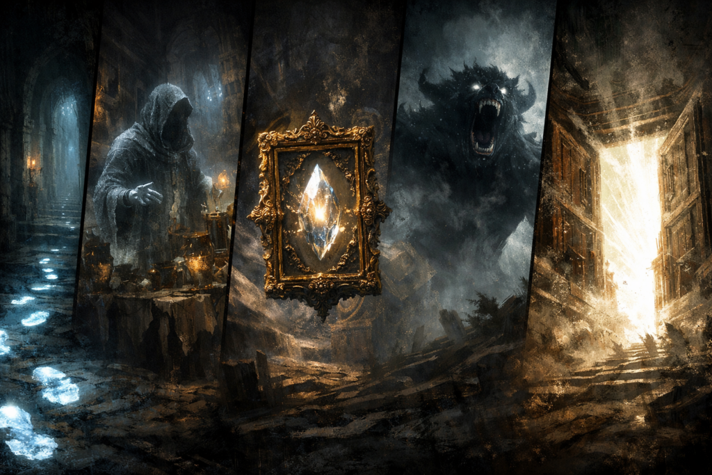Five dark fantasy unlock paths colliding—mysterious hooded figure, glowing relic frame, roaring shadow beast, blinding exit light—high-stakes destiny choice, pulse-racing tension
