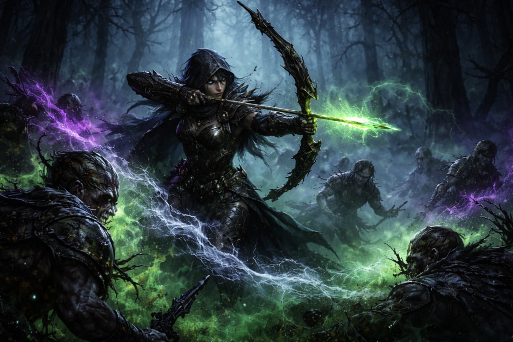 Poison-lit forest battle: fierce archer firing neon-green arrows into crawling enemies—survival panic, toxic fury, deep-night domination rush