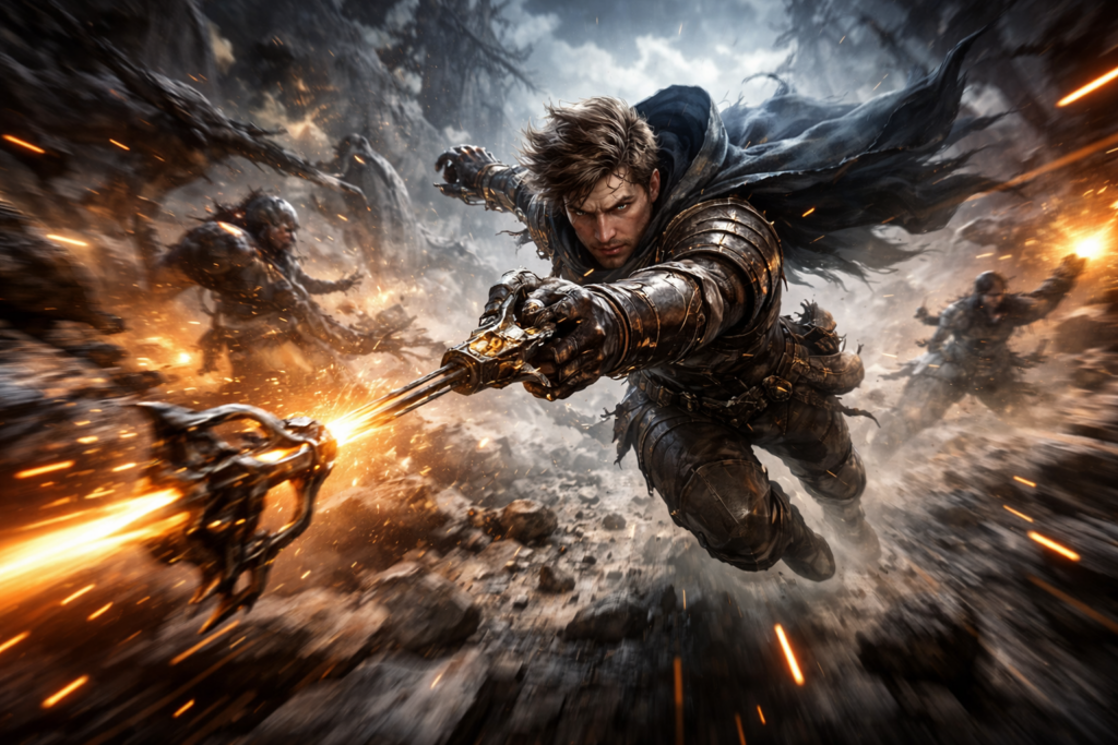 High-speed claw dash through exploding battlefield—tracker lunging forward in slow motion, sparks everywhere, pure aggression, clutch-moment adrenaline rush
