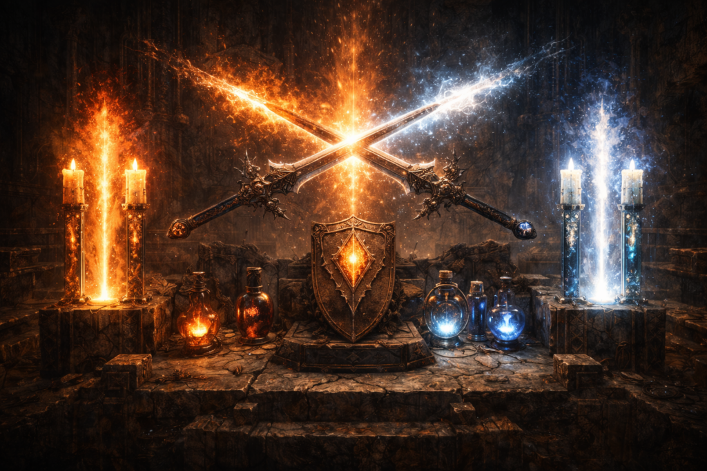 Fire-and-ice crossed swords above sacred relic altar—holy flames, frozen sparks, potion glow, jackpot-tier build energy, obsessive gear-crafting hype
