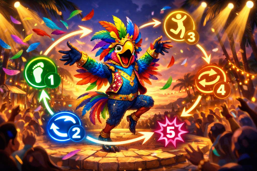 Wild, rainbow-feather carnival bird host mid-dance on a stage, numbered step icons circling like a speedrun loop—talk → hunt → trade → win, electric crowd-roar momentum