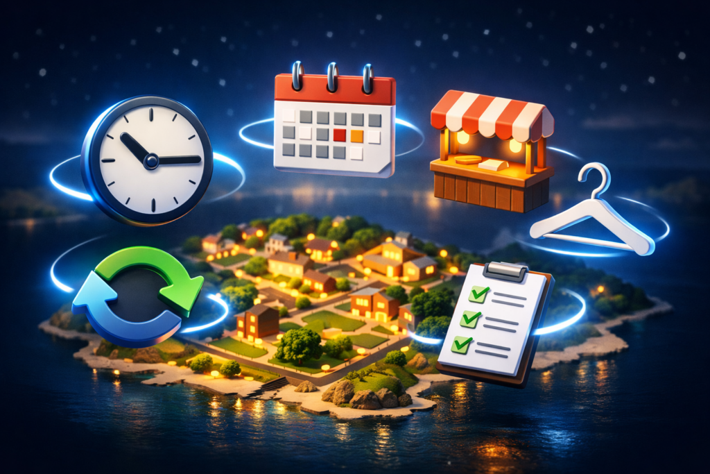 Nighttime island map glowing with orbiting icons (clock, calendar, shop stall, outfit hanger, refresh loop, checklist)—everything you must do before the event, “I’m ready” adrenaline