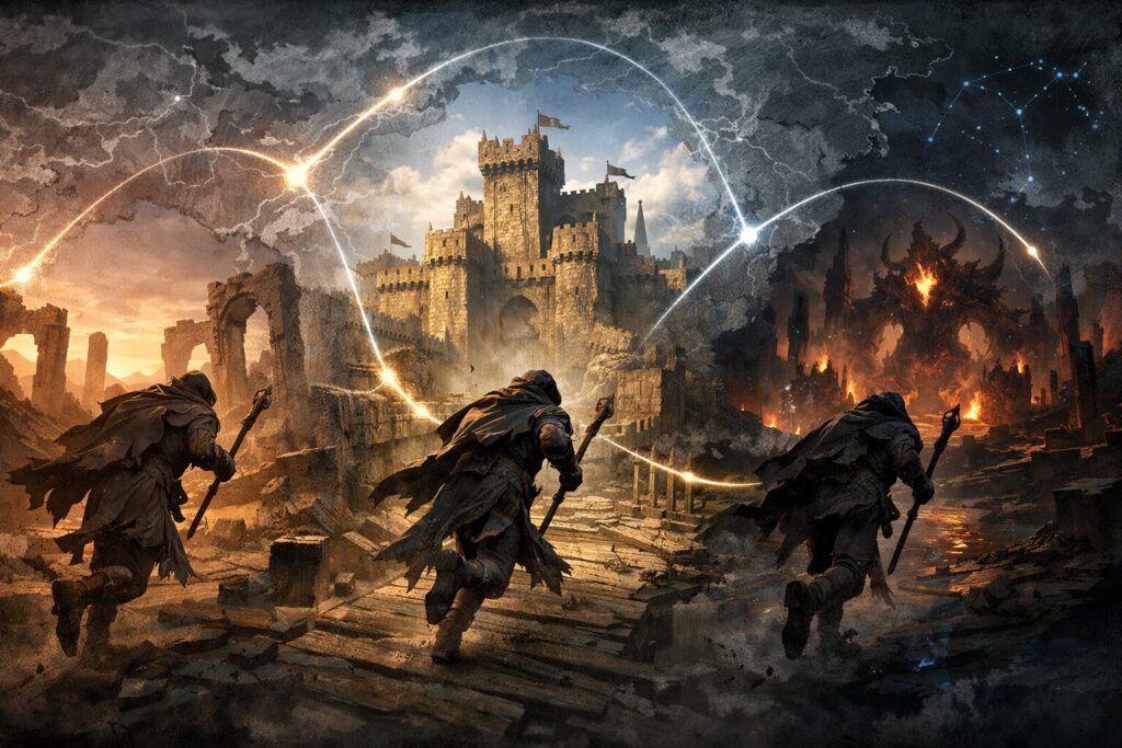 Three cloaked warriors sprinting across ruined realms toward castle and hellscape alike—strategic route lines in the sky, race-against-time urgency, survival instinct in full burn