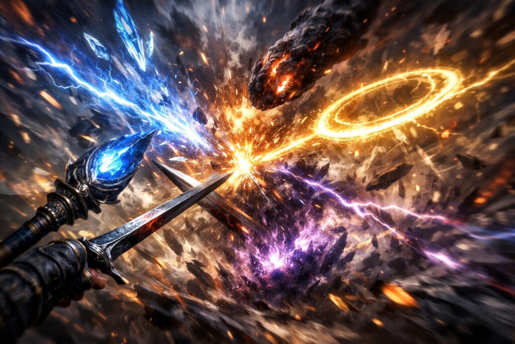 First-person spell-and-blade collision—lightning, fire, void, and holy energy exploding mid-air, shards flying everywhere, heart-pounding chaos and pure combat adrenaline overload