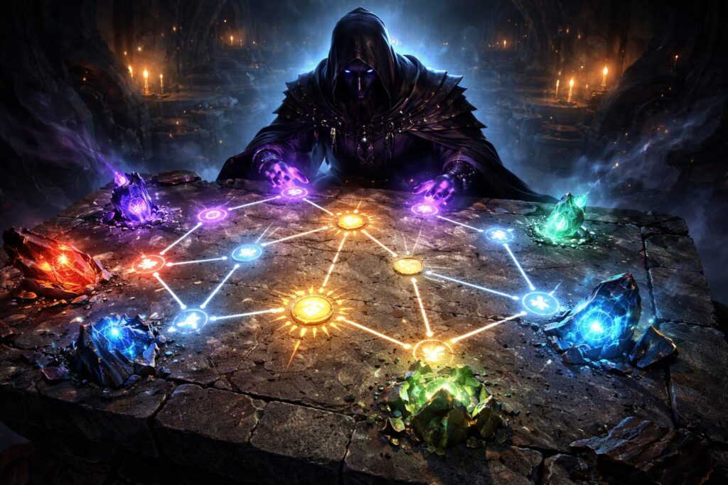 Hooded sorcerer plotting a glowing relic build on a stone war table—color-coded crystals, branching power paths, obsessive focus, and ruthless optimization vibes for max damage domination