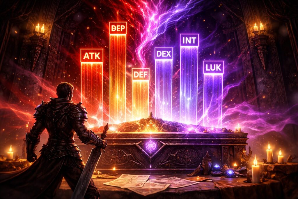 Every stat point matters—cold calculation meets bloodlust in the perfect build ritual.