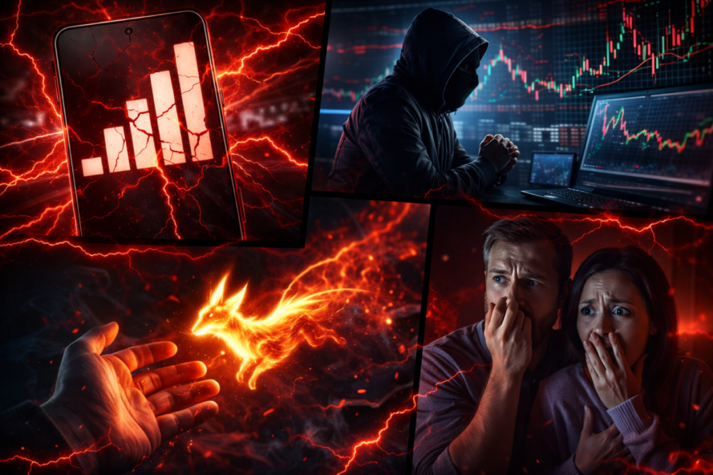 Chaotic red-lit collage of loss and danger—broken signals, stolen power, panic, and the fear of irreversible mistakes closing in fast
