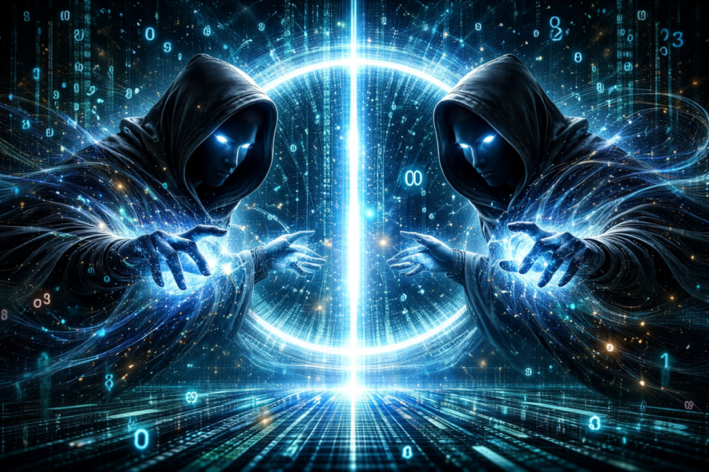 Two mirrored shadow figures reaching through a digital rift—risk, trust, and the tense moment where one wrong move changes everything
