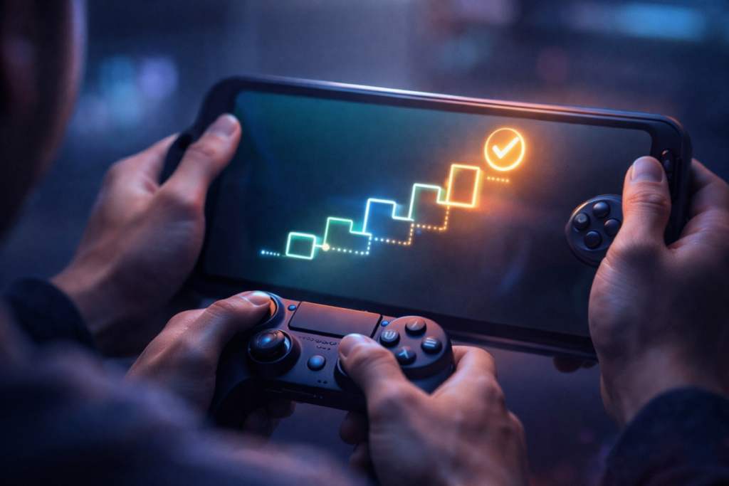 Hands gripping a handheld console as a progress path lights up—focus, momentum, and the quiet thrill of doing everything right
