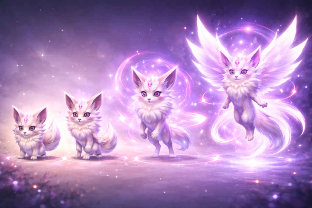 Cute psychic creature evolving step by step into a radiant winged form—growth, wonder, and emotional payoff glowing with magical anticipation
