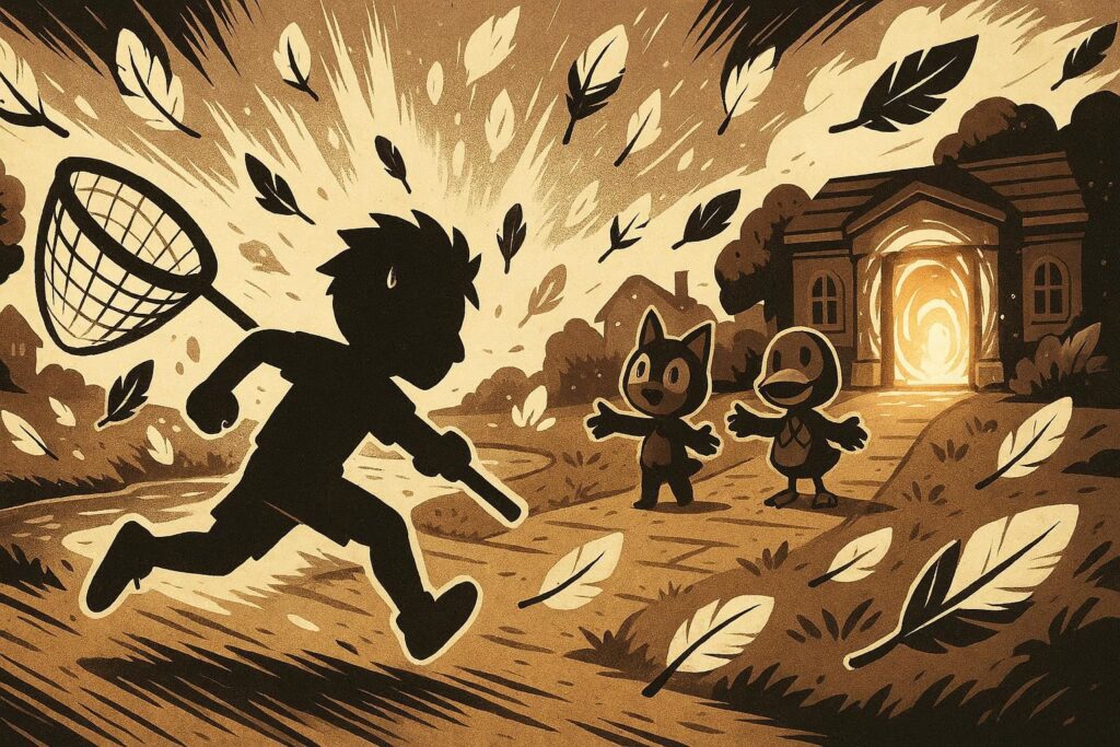 Vintage sepia chase scene: silhouette sprinting with a net as feathers explode through the air, villagers pointing toward a glowing doorway—desperate “where are the spawns?!” urgency