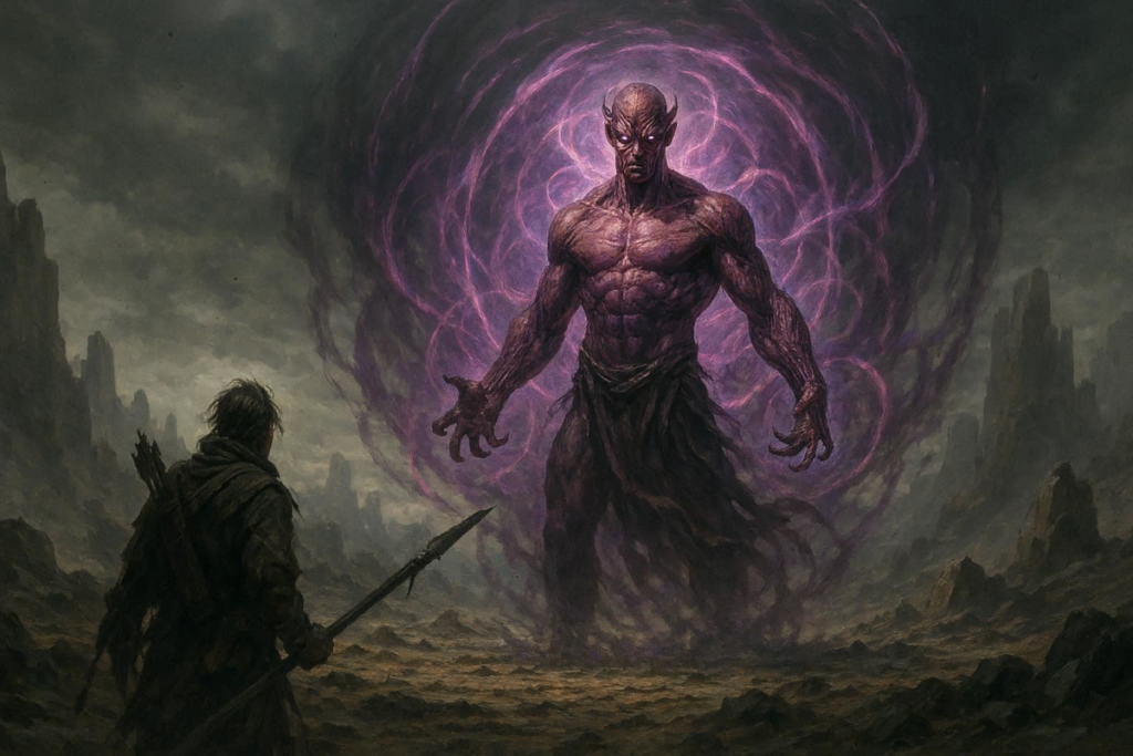 Lone warrior facing an overwhelming dark entity—final challenge, fear, courage, and the raw intensity of a no-turning-back moment
