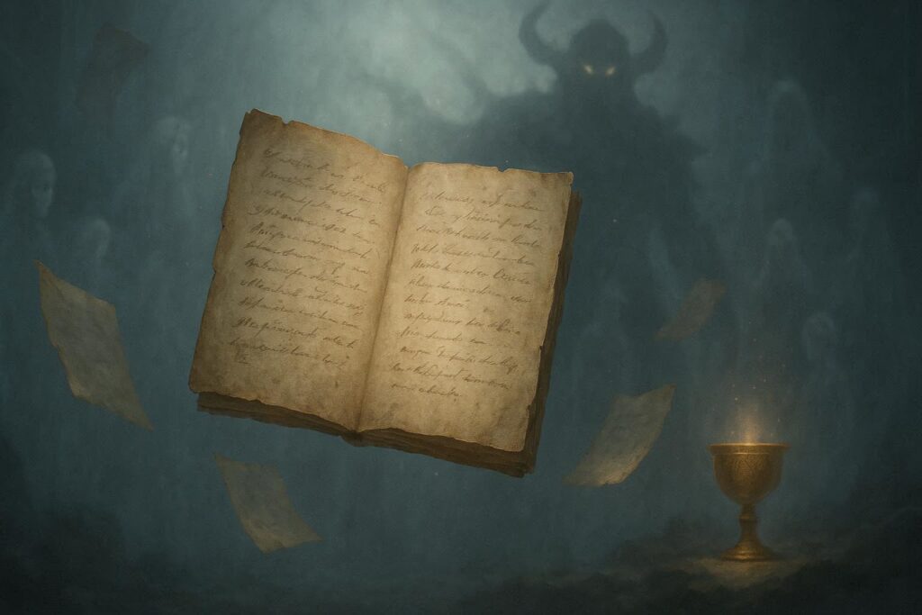 Ancient floating journal and glowing chalice in haunted mist, demon shadow watching from afar—forgotten memories, hidden rewards, and ominous destiny calling your name