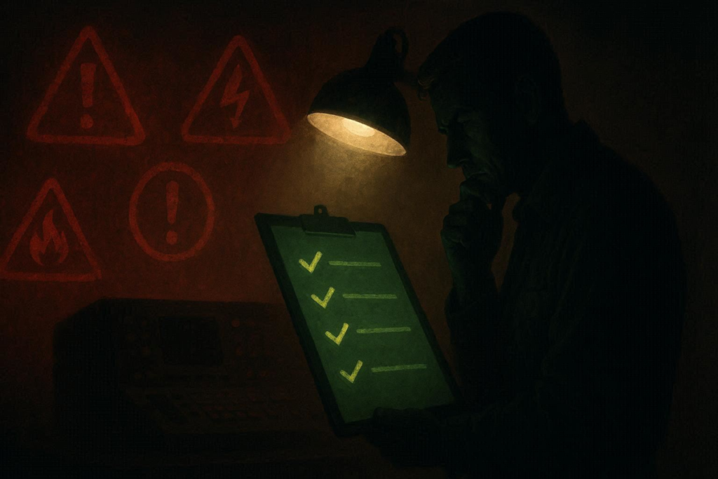 Shadowed buyer studying a glowing checklist under warning symbols—serious focus, risk awareness, smart hesitation before a big-money decision
