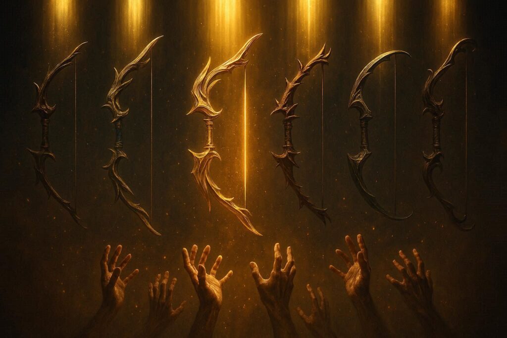 Seven divine bows descending in golden light with desperate hands reaching up—ranking reveal drama, god-tier weapon chase, overwhelming upgrade hunger