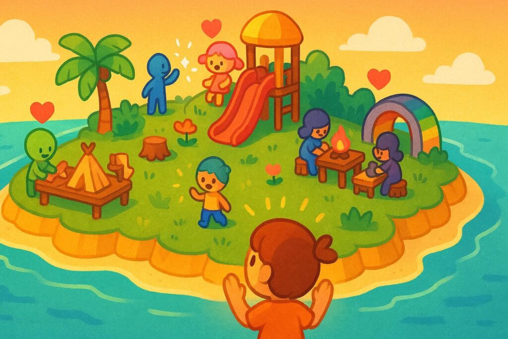 Cute island life unfolds with tiny characters cooking, playing, falling in love—wholesome chaos, cozy vibes, friendship sparks, instant nostalgia wrapped in colorful joy