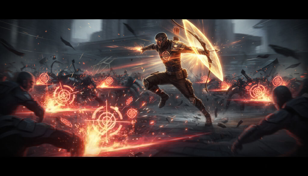 Hyper-mobile hunter carving through crowds as red targeting sigils ignite—mark-and-strike chaos, invincibility frames, tactical fury, peak combat flow
