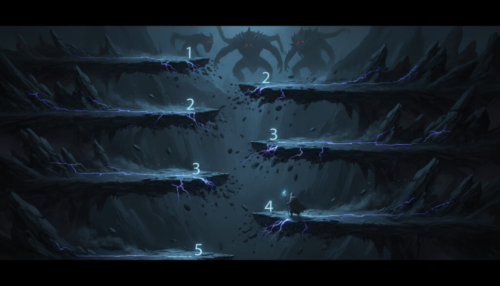 Dark abyss roadmap from depth 1 to 5 with glowing platforms and looming monsters—descent into madness, survival journey, endgame pressure, legendary climb

