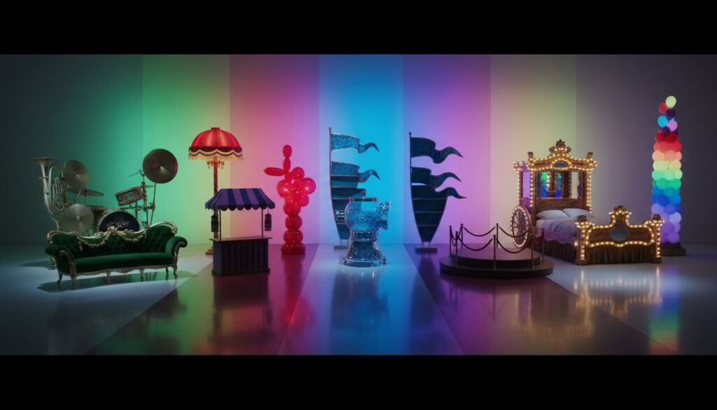 Showroom lineup of carnival furniture across bold rainbow light columns on a glossy floor—completionist dopamine, “collect every color” obsession in one irresistible glance
