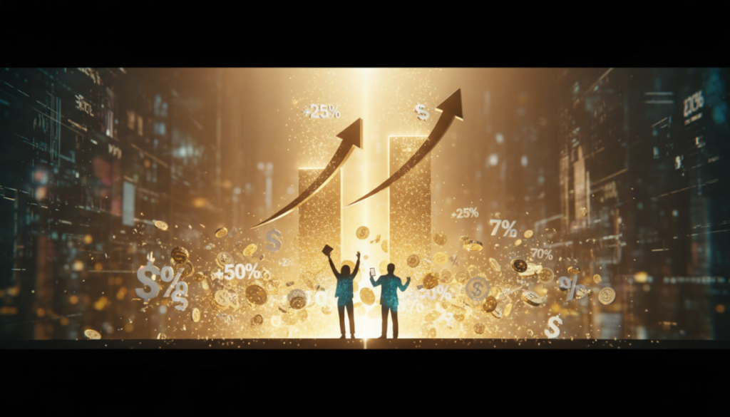 Explosive profit scene with rising arrows, flying coins, and cheering silhouettes—money momentum, compounding gains, victory through smart timing and points
