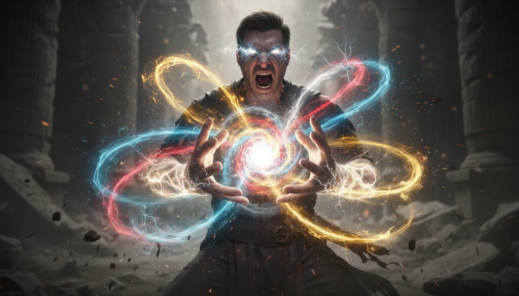 Screaming mage pulling four elemental forces into a blazing core—arcane blue, fire red, lightning gold, holy white spiraling together, emotional overload, power obsession, and transcendence moment
