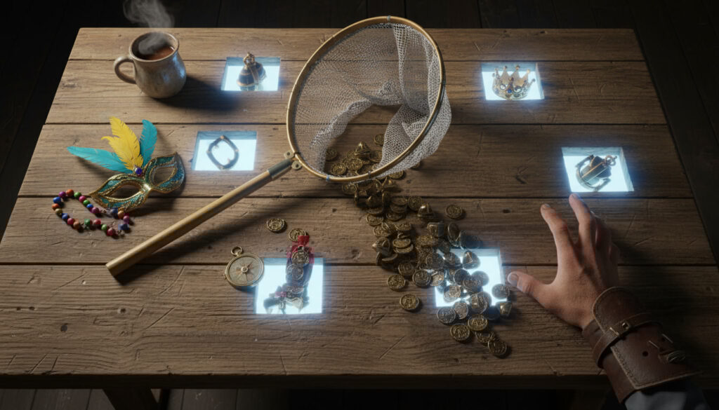Wooden prep table with a bug-catching net, coins spilling, carnival mask and beads, glowing inventory slots, a hand reaching in—panic-prep energy for a perfect run