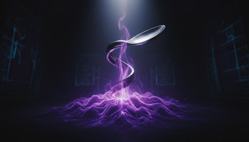 A mysterious bent spoon floating in violet psychic waves—silent power, mental focus, and an otherworldly sense of mastery awakening