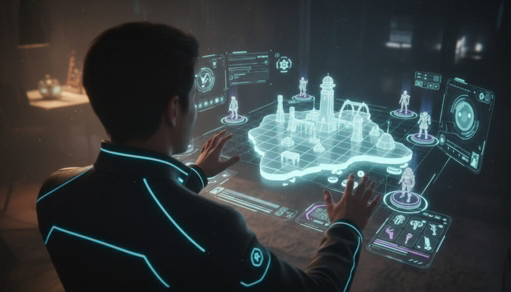 Player controlling a holographic island world with floating avatars and neon UI—god-mode creativity, future gaming immersion, total control thrill, next-level simulation fantasy
