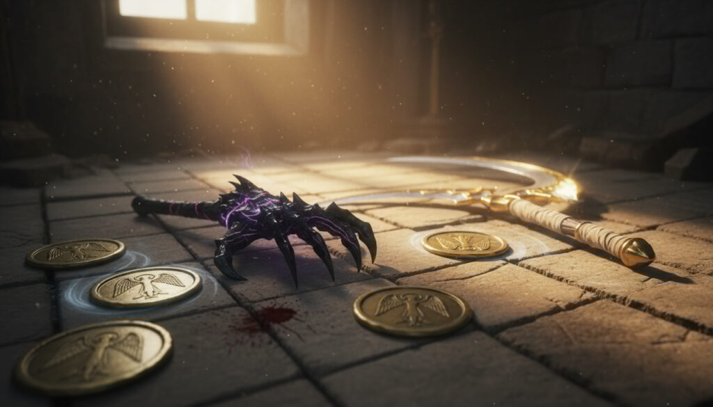 Cursed claw and radiant holy staff on blood-marked tiles with scattered coins—early-game survival gear, risky choices, gritty progression vibes, desperate beginner power spike
